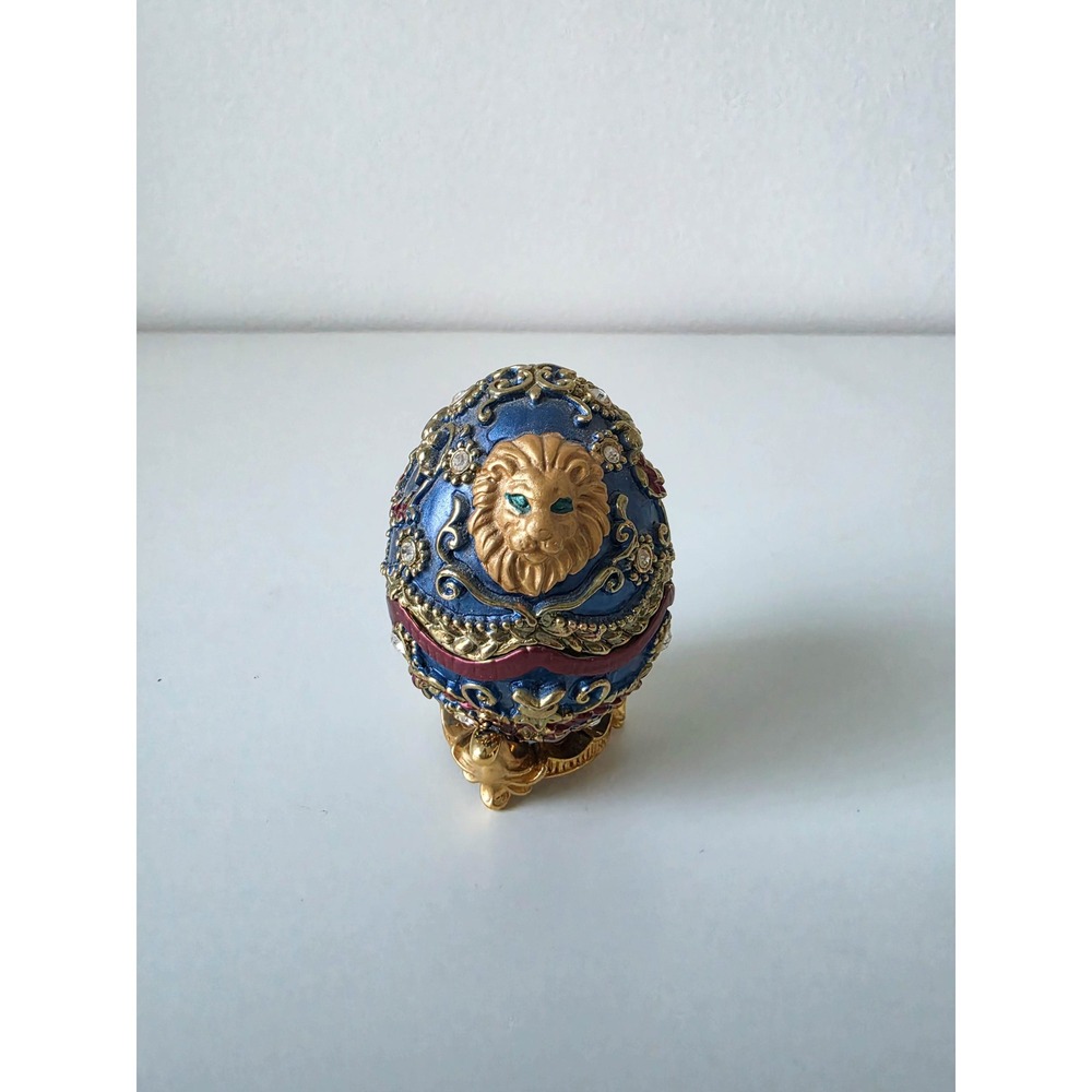 Ruccini Lion Head Faberge Style Blue Enamel Trinket Box Gold Tone Crystal 2.5"